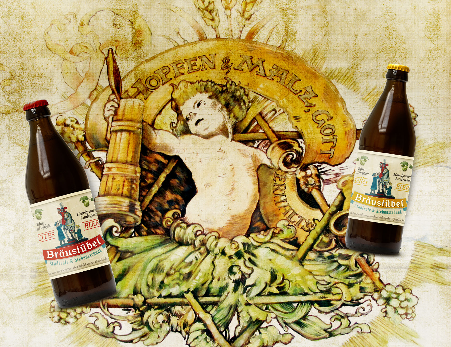 Malerei mit Engel und Bierkrug sowie der Schrift Hopfen und Malz, Gott er
